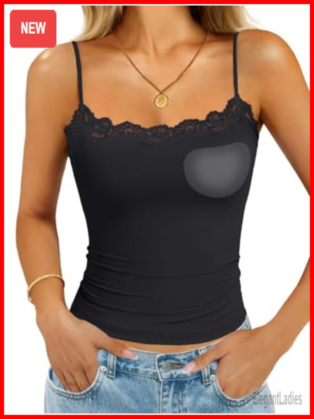 Lace Trim Built in Bra Cami Tank Top Double Lined Going Out Top